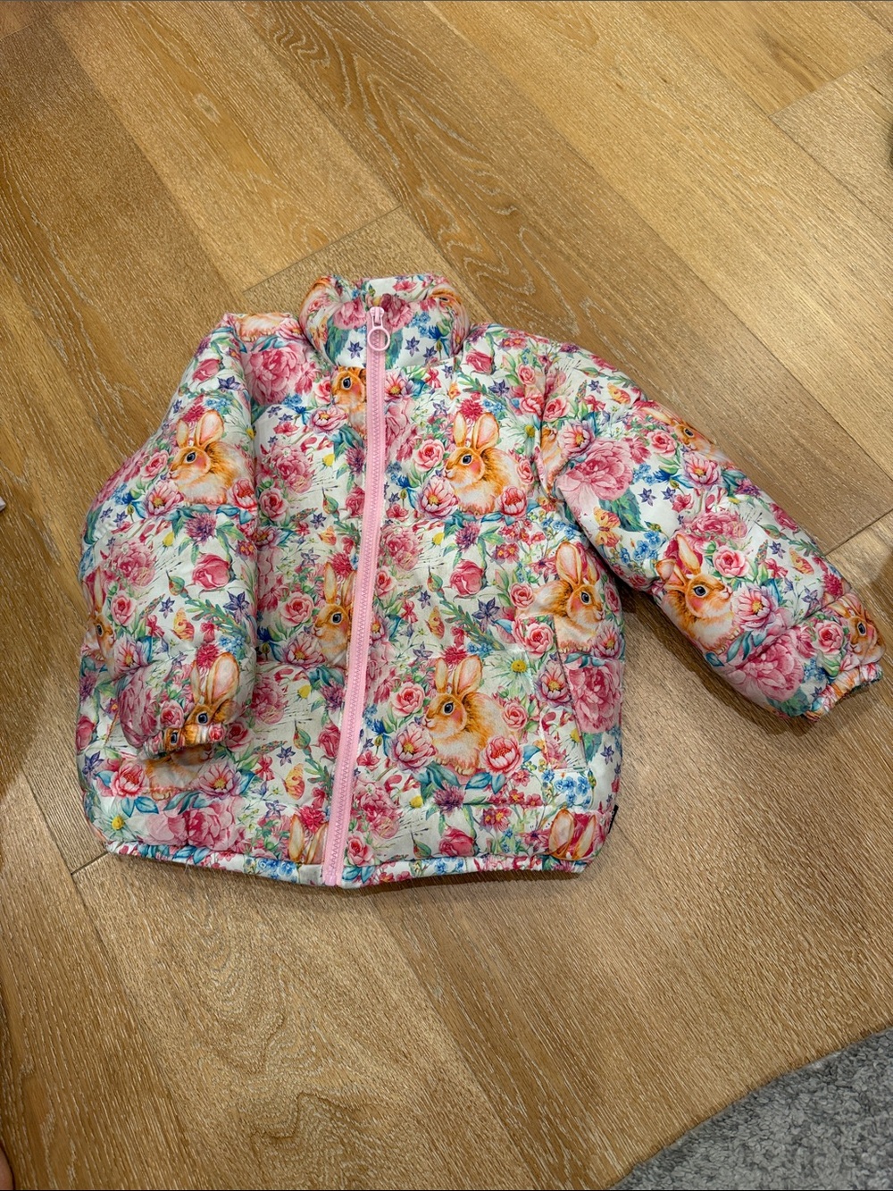 Rock Your Baby Floral Bunny Puffer Jacket in Pink and White